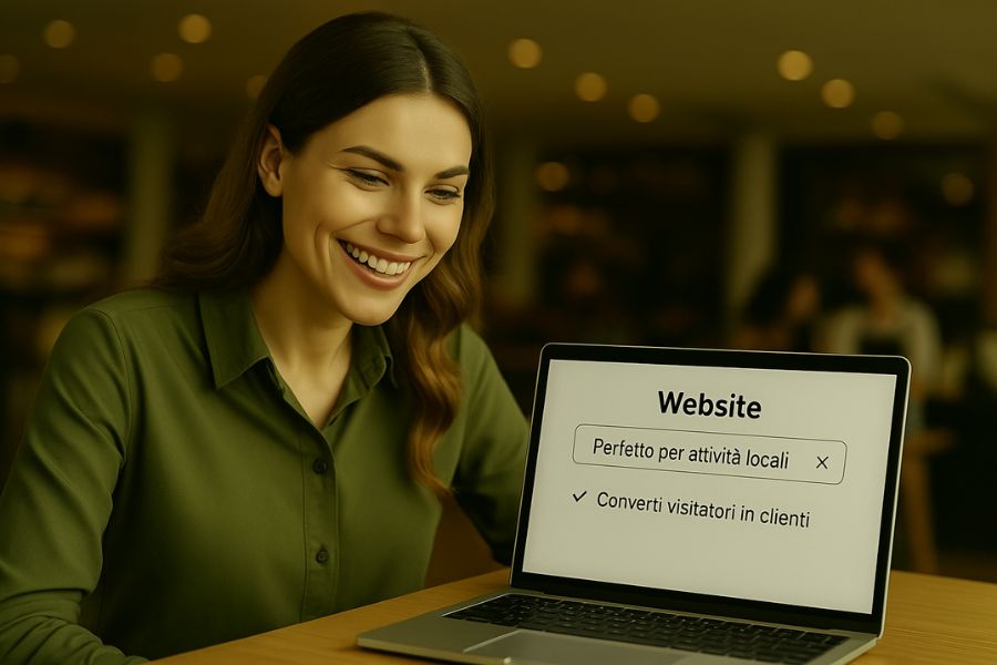 Fotografia orizzontale di una giovane donna sorridente, con camicia verde oliva, seduta davanti a un portatile in un ambiente luminoso e professionale. Sullo schermo del laptop si leggono frasi in italiano come “Perfetto per attività locali” e “Converti visitatori in clienti”, comunicando chiaramente l’efficacia del servizio offerto. L’immagine rafforza la promessa di un sito web che funziona davvero realizzato da negozi web.