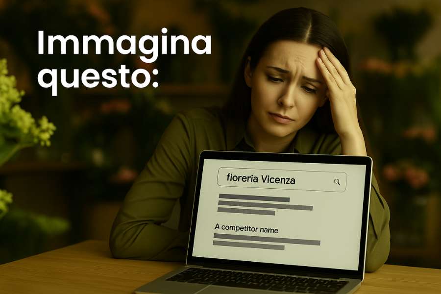 Fiorista giovane con capelli lunghi e scuri, seduta a un tavolo nel suo negozio di fiori a Vicenza, guarda preoccupata lo schermo di un portatile con risultati di ricerca Google. La scena rappresenta il problema comune di molte attività locali che, non avendo un sito ottimizzato SEO, vengono superate dalla concorrenza anche se offrono un servizio migliore.