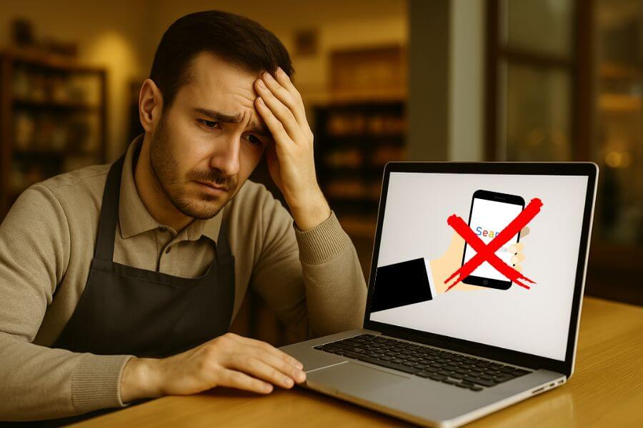 Giovane commerciante italiano con grembiule scuro seduto al tavolo del suo negozio, guarda preoccupato il portatile con schermo vuoto, simbolo della mancanza di visibilità online per la sua attività.